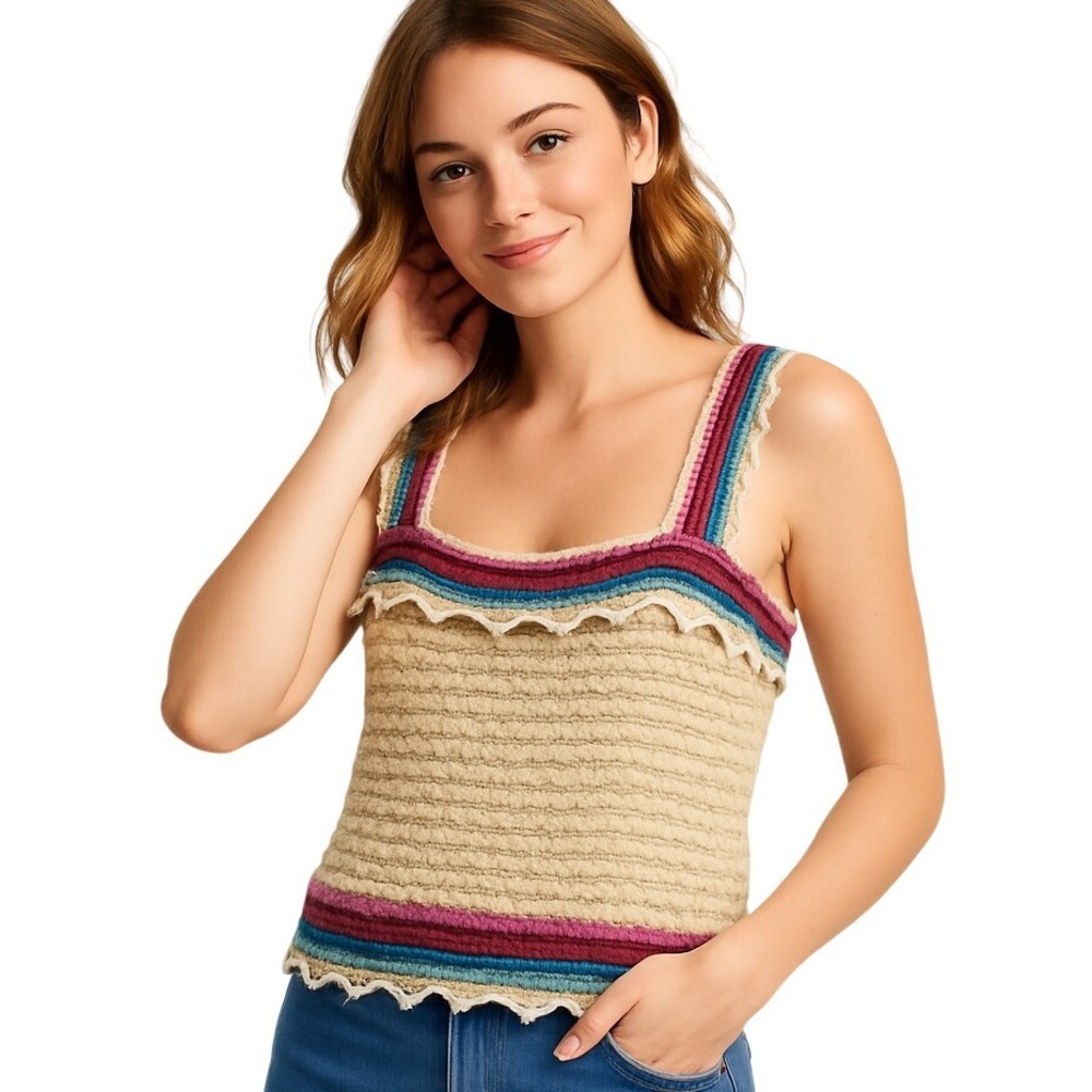 Marc New York Andrew Marc Crochet Knit Tank‎ Top Cream Purple Blue New BOHO